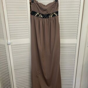 Mustard Seed Taupe Strapless Maxi Dress with Beaded Waist